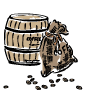 コーヒー豆と麻袋と木の樽